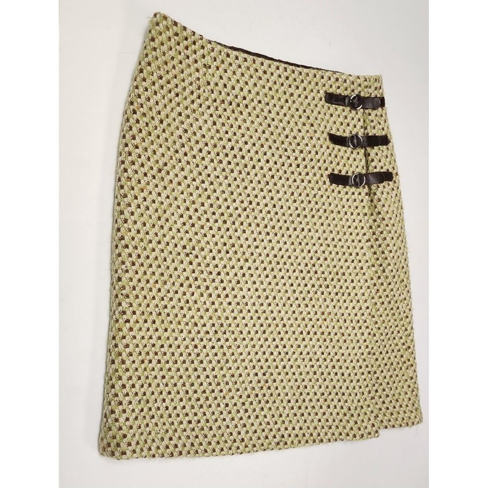 Milly Brown Green Tweed Mini Skirt with Buckles Size 4 Wool Houndstooth Women's